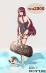 alternate_costume arm_behind_back bag ball bangs bare_shoulders beachball black_swimsuit blush breasts casual_one-piece_swimsuit character_name choker cleavage commentary covered_navel e-_-cho eyebrows_visible_through_hair full_body girls_frontline groin highres holding holding_bag large_breasts long_hair looking_away one-piece_swimsuit open_mouth purple_hair red_eyes sandals sidelocks skindentation solo standing swimsuit thigh_strap thighs very_long_hair wa2000_(girls_frontline) wading weapon_bag 