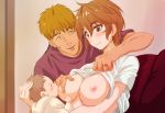  2boys arm_around_neck blush breast_feeding breast_sucking breasts brown_eyes brown_hair closed_eyes commentary_request eyebrows indoors jewelry kosokosomaru_(higashi_taishi) large_breasts looking_at_another mizuno_nanatsu multiple_boys nipples open_mouth original ring shirt_lift short_hair upper_body 