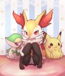  1girl animal_ears arm_support blush braixen clothed_pokemon female fox_ears fox_tail full_body furry gen_1_pokemon gen_5_pokemon gen_6_pokemon highres indoors knees_together_feet_apart knees_up looking_at_viewer mei_(lulufla) no_humans on_floor panties paws pigeon-toed pikachu pokemon pokemon_(creature) red_eyes sitting snivy solo stick stuffed_animal stuffed_toy tail topless underwear underwear_only white_panties 