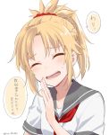  alternate_costume bangs blonde_hair blush braid check_commentary closed_eyes commentary_request embarrassed eyebrows_visible_through_hair facing_viewer fate/grand_order fate_(series) french_braid grey_sailor_collar hair_ornament hair_scrunchie hand_up ica mordred_(fate) mordred_(fate)_(all) neckerchief open_mouth parted_bangs ponytail red_neckwear red_scrunchie sailor_collar school_uniform scrunchie serafuku shirt short_sleeves simple_background smile sparkle speech_bubble sweatdrop translated white_background white_shirt 