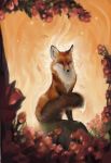  2018 ambiguous_gender black_nose brown_fur canine detailed_background dipstick_tail feral fire flower fluffy fluffy_tail fox fur jennifer_meyer leaves looking_at_viewer mammal multicolored_tail orange_fur orange_theme outside plant portrait sitting solo white_belly 