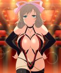  1girl blush bow breasts brown cleavage eyes green hair haruka_(senran_kagura) large large_breasts latex senran_kagura smile standing 