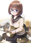  :d black-framed_eyewear black_sailor_collar black_skirt blue_eyes bob_cut brown_hair cardigan cat glasses looking_at_viewer neckerchief nekobaka open_mouth original pleated_skirt red_neckwear sailor_collar seiza short_hair sitting skirt smile solo 