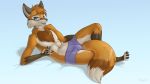  2018 anthro bulge canine clothed clothing digital_media_(artwork) eyewear fox fur glasses green_eyes hair hi_res looking_at_viewer lying male mammal mervyn open_mouth orange_fur simple_background skipsy smile solo topless underwear white_fur 