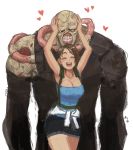  1girl ^_^ ^o^ armpits arms_up bare_arms blush breasts cleavage closed_eyes clothes_around_waist couple cowboy_shot hands_on_another's_head happy heart height_difference highres jill_valentine large_breasts mariel_cartwright monster nemesis no_pupils open_mouth resident_evil resident_evil_3 short_hair skirt smile stitches strapless teeth zombie 