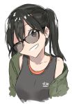  black_hair brown_eyes collarbone commentary_request glasses green_jacket grey_shirt grin head_tilt highres jacket kantai_collection looking_at_viewer masukuza_j off_shoulder one_eye_closed sendai_(kantai_collection) shirt simple_background sleeveless sleeveless_shirt smile solo twintails upper_body white_background 