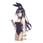  animal_ears black_hair blue_eyes blush bow bowtie breasts bunny_ears bunnysuit cleavage clipboard closed_mouth collarbone detached_collar fake_animal_ears fishnet_pantyhose fishnets glasses hair_between_eyes kantai_collection leotard long_hair looking_at_viewer medium_breasts mogamiya_honu no_bra ooyodo_(kantai_collection) pantyhose pencil simple_background strapless strapless_leotard white_background wrist_cuffs 