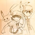  adjusting_clothes adjusting_hat animal animal_on_shoulder backpack bag baseball_cap gen_1_pokemon graphite_(medium) hand_in_pocket hat highres jacket kakeru_(pokemon) male_focus multiple_boys open_mouth pokemon pokemon_(creature) pokemon_(game) pokemon_lgpe pokemon_rgby red_(pokemon) red_(pokemon_rgby) sei_jun short_sleeves traditional_media upper_body 