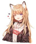  ;p animal_ears black_jacket blonde_hair blue_eyes collar commentary dog_ears dog_tail highres hood hoodie jacket kmnz long_hair mc_lita no_hat no_headwear off_shoulder one_eye_closed open_clothes open_jacket paw_background paw_print simple_background sukemyon tail tongue tongue_out virtual_youtuber white_background 