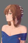  alternate_costume artist_name bangs bare_shoulders blue_dress braid breasts brown_hair cleavage commentary_request crown_braid dress eyebrows_visible_through_hair flower girls_frontline green_eyes grey_background hair_between_eyes hair_flower hair_ornament hair_ribbon hair_rings highres large_breasts long_hair looking_at_viewer m1903_springfield_(girls_frontline) parted_lips revision ribbon sidelocks simple_background smile solo xu_ni 