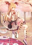  absurdres bangs black_skirt blonde_hair boots collarbone day eating eyebrows_visible_through_hair flower full_body hair_between_eyes head_wings highres holding knee_boots layered_skirt long_hair looking_at_viewer outdoors red_eyes red_flower shadowverse shingeki_no_bahamut shirt sitting skirt smile solo sugar_(dndi888) tree vampy very_long_hair white_flower white_footwear white_shirt 