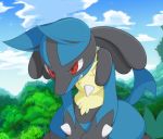  ambiguous_gender angry anthro canine clenched_teeth close-up edit fangs forest fur hi_res long_ears lucario mammal nintendo outside pok&eacute;mon pok&eacute;mon_(species) red_eyes sharp_teeth snivy solo_focus spikes standing teeth tree tricksta video_games 