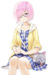  animal_bag bag black-framed_eyewear blue_dress can checkered checkered_dress closed_mouth commentary_request dress fate/grand_order fate_(series) fou_(fate/grand_order) glasses hair_over_one_eye highres holding hood hooded_jacket invisible_chair jacket knees_together_feet_apart looking_at_viewer mash_kyrielight pink_hair purple_eyes short_hair shoulder_bag sibyl simple_background sitting smile solo thighhighs white_background yellow_jacket 