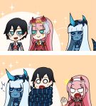  001_(darling_in_the_franxx) 1boy 2girls 2koma :t bangs black_hair blank_eyes blue_eyes blue_horns blue_skin blush_stickers comic commentary commentary_request couple darling_in_the_franxx english_commentary eyebrows_visible_through_hair facial_scar flower green_eyes hair_flower hair_ornament hairband hetero highres hiro_(darling_in_the_franxx) horns jealous light_blue_hair long_hair looking_at_another mato_(mozu_hayanie)_(style) military military_uniform multiple_girls musical_note necktie netorare oni_horns orange_neckwear parody pink_hair pout red_horns red_neckwear scar silent_comic spoilers spoken_musical_note style_parody sweat tashidraw uniform white_hairband zero_two_(darling_in_the_franxx) 