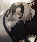 bangs banner black_wings blonde_hair breasts closed_mouth commentary_request eyebrows_visible_through_hair fate/grand_order fate_(series) feathered_wings flag frown headpiece jeanne_d'arc_(alter)_(fate) jeanne_d'arc_(fate)_(all) leeis_cool looking_back medium_breasts short_hair signature solo tassel wings yellow_eyes 