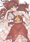  absurdres ascot bow brown_eyes brown_hair commentary_request detached_sleeves hair_bow hair_spread_out hair_tubes hakurei_reimu half-closed_eyes highres long_hair long_sleeves lying on_back parted_lips red_bow red_skirt red_vest skirt solo touhou vanilla_(miotanntann) vest wide_sleeves yellow_neckwear 