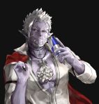  beard cape cape_removed closed_mouth commentary energy_drink epi_zero facial_hair gilzaren_iii highres jewelry male_focus necklace nijisanji pointy_ears purple_skin red_eyes short_hair smile solo virtual_youtuber white_hair 