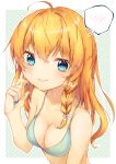  absurdres ahoge bad_id bad_pixiv_id bare_arms bare_shoulders bikini_top blonde_hair blue_bikini_top blue_eyes blue_nails blush border braid breasts cleavage collarbone commentary_request eyebrows_visible_through_hair green_background hair_between_eyes hand_up highres kirisame_marisa long_hair looking_at_viewer medium_breasts nail_polish nenobi_(nenorium) no_hat no_headwear polka_dot polka_dot_background single_braid smile solo spoken_blush swimsuit touhou upper_body white_border 