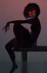  absurdres black_hair bodysuit commentary elbow_on_knee english_commentary freckles glowing glowing_eyes grey_skin highres kay_(sea_of_solitude) knee_up looking_at_viewer looking_to_the_side matilda_vin monster_girl parted_lips red_eyes red_sclera sea_of_solitude short_hair sitting solo yellow_eyes 