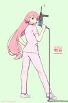  &gt;:) akashi_(kantai_collection) alternate_costume brand_name_imitation character_name dated drill green_background green_eyes hair_ribbon highres holding kantai_collection long_hair medical_scrubs nakaaki_masashi nurse pants pink_hair pink_pants pink_shirt red_ribbon ribbon shirt short_sleeves simple_background smile solo sparkle tress_ribbon trigger_discipline twitter_username v-shaped_eyebrows vertical_foregrip white_footwear 