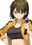  alternate_costume breasts brown_eyes brown_hair bruce_lee's_jumpsuit commentary eyebrows_visible_through_hair highres hiryuu_(kantai_collection) kantai_collection large_breasts looking_at_viewer masukuza_j midriff nunchaku one_side_up open_clothes open_shirt over_shoulder shirt short_hair simple_background smile solo sports_bra upper_body weapon weapon_over_shoulder white_background yellow_shirt 