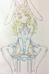  animal_ears armpits boots bunny_ears cape carrot chair commentary_request covered_navel elbow_gloves food_themed_ornament gloves hairband leotard looking_at_viewer makenai-chan original sharekoube sitting sleeveless thigh_boots thighhighs traditional_media wavy_hair 