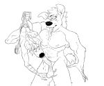  2018 5_fingers anthro anthro_on_anthro balls black_nose butt duo erection fellatio holding_character hyena lifted long_tongue looking_pleasured male male/male mammal muscular muscular_male navel nipples oral pecs penis saliva sex simple_background tongue tongue_out white_background zepthehyerian 