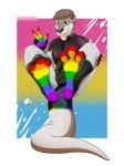  2018 3_toes 5_fingers absurd_res anthro armwear big_butt bodysuit brown_fur bulge butt catsuit_(disambiguation) clothed clothing costume cute digital_drawing_(artwork) digital_media_(artwork) digitigrade feet footwear fur gay_pride girly gloves glowing green_eyes hair hi_res hybrid invalid_tag kangaroo kangootter kelani krazykurt legwear looking_at_viewer male mammal marsupial mustelid open_mouth otter pawpads paws plugsuit rubber rubber_suit shiny simple_background skinsuit smile solo standing suit tight_clothing toes tongue 