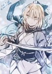  2018 ahoge bangs black_bow black_scarf blonde_hair bow commentary_request dated fate/grand_order fate_(series) hair_between_eyes hair_bow haori holding holding_sword holding_weapon japanese_clothes katana long_sleeves obi okita_souji_(fate) okita_souji_(fate)_(all) rioka_(southern_blue_sky) sash scarf shinsengumi short_hair silver_eyes solo sword twitter_username weapon wide_sleeves yellow_eyes 