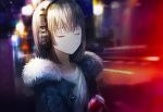 blurry blurry_background brown_hair closed_eyes depth_of_field dr_pepper facing_viewer fur_trim hairband headphones jacket md5_mismatch mole mole_under_eye night open_clothes open_jacket original outdoors parted_lips shirt short_hair solo standing tlla upper_body white_shirt 