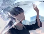  arm_up bangs black_hair blurry blurry_background building commentary eyebrows_visible_through_hair grey_eyes hair_ribbon highres holding holding_umbrella lips long_hair looking_up original outdoors parted_lips petals ponytail rain ribbon shirt sky solo sousou_(sousouworks) transparent transparent_umbrella tree umbrella upper_body 