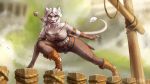  2018 5_fingers anthro ciri clothed clothing detailed_background digital_media_(artwork) digitigrade feline female hair hettie lion looking_at_viewer mammal melee_weapon solo sword weapon white_hair 