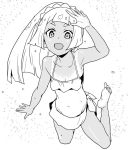  arm_up barefoot bikini commentary_request greyscale heriyama lillie_(pokemon) long_hair monochrome open_mouth pokemon pokemon_(anime) pokemon_sm_(anime) ponytail sarong solo swimsuit tan tanline 