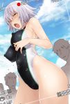  2boys ahoge ass bare_shoulders blush bodypaint breasts cloud cloudy_sky commentary_request day faceless faceless_male fang fate/grand_order fate_(series) groin highres jeanne_d'arc_(alter)_(fate) jeanne_d'arc_(fate)_(all) large_breasts light_particles looking_at_viewer multiple_boys nakamura_yukitoshi naked_paint navel nipples open_mouth paint painted_clothes pussy recording short_hair silver_hair sky sweat sweatdrop swimsuit viewfinder yellow_eyes 