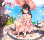  :d brown_hair cherry_blossoms commentary_request detached_leggings eyebrows_visible_through_hair fan fence folding_fan hair_ornament hanami_dango_(zzldango) highres holding holding_fan jewelry jian_xia_qing_yuan_online_3 long_sleeves looking_at_viewer necklace ocean one_eye_closed open_mouth oriental_umbrella picnic_basket red_footwear shoes sitting smile solo stairs tree umbrella water watermark wide_sleeves yellow_eyes 