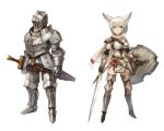  animal_ears armor armored_boots boots brown_eyes brown_legwear cape full_armor full_body grey_hair helmet highres holding holding_shield holding_sword holding_weapon looking_at_viewer original sheath sheathed shield simple_background sookmo standing sword thigh_boots thighhighs weapon white_background white_cape 