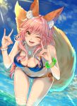  ;d animal_ear_fluff animal_ears azaka_(rionrita) bikini blue_bikini bracelet breasts fate/grand_order fate_(series) fox_ears fox_shadow_puppet fox_tail hanging_breasts highres jewelry leaning_forward long_hair looking_at_viewer medium_breasts navel one_eye_closed open_mouth pink_hair shiny shiny_skin smile solo swimsuit tail tamamo_(fate)_(all) tamamo_no_mae_(fate) tamamo_no_mae_(swimsuit_lancer)_(fate) water yellow_eyes 