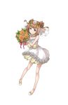  bare_shoulders beatrice_(princess_principal) bouquet brown_eyes brown_hair double_bun dress flower frilled_dress frills full_body hair_flower hair_ornament highres holding holding_bouquet looking_at_viewer official_art princess_principal princess_principal_game_of_mission see-through short_hair smile solo standing transparent_background white_dress white_footwear 