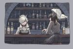  2girls alcohol alpaca_ears alpaca_suri_(kemono_friends) animal_ears bar black-headed_ibis_(kemono_friends) black_hair black_skirt blonde_hair border bottle braid commentary cup drinking_glass english_commentary eyes_closed grey_border grey_shirt hair_over_one_eye head_wings highres kemono_friends long_sleeves multiple_girls pleated_skirt pueblo shirt sitting skirt twin_braids 