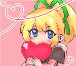  1girl bangs blonde_hair blue_eyes blunt_bangs blush capcom eyebrows_visible_through_hair eyes_visible_through_hair hair_ornament hair_ribbon heart high_ponytail holding holding_heart hood_down looking_at_viewer lowres pink_background ponytail rairai00 rockman rockman_(classic) rockman_11 roll short_sleevers sidelocks smile 