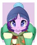  &lt;3 &lt;3_eyes 2018 absurd_res alternate_hairstyle backpack beanie blush bust_portrait clothed clothing cute darkpotzm equine eyebrows eyelashes female feral friendship_is_magic hair hat hi_res horn lantern looking_at_viewer mammal multicolored_hair my_little_pony portrait purple_background purple_eyes purple_hair scroll signature simple_background smile solo starlight_glimmer_(mlp) two_tone_hair unicorn 