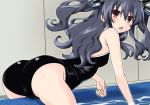  bare_shoulders black_hair hair_ornament hair_ribbon iwasi-r long_hair looking_at_viewer neptune_(series) red_eyes ribbon short_hair smile solo swimsuit two_side_up uni_(choujigen_game_neptune) 
