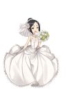  :d arm_at_side bare_shoulders black_eyes black_hair bouquet dress earrings flower full_body gloves hair_bun hair_flower hair_ornament highres holding holding_bouquet jewelry looking_at_viewer makaria necklace official_art open_mouth princess_principal princess_principal_game_of_mission short_hair smile solo toudou_chise transparent_background white_dress white_gloves 