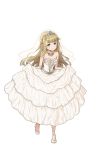  bare_shoulders blonde_hair blue_eyes breasts bridal_gauntlets cleavage dress earrings full_body highres jewelry long_hair looking_at_viewer necklace official_art princess_(princess_principal) princess_principal princess_principal_game_of_mission skirt_hold solo standing tiara transparent_background veil very_long_hair white_dress white_footwear 