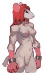  2018 5_fingers albino anthro athletic breasts collar digital_media_(artwork) female frown hair handcuffs long_hair mammal myheartpumpspiss navel nipples nude pussy rat red_eyes red_hair rodent shackles smile solo 