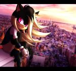  automaxie black_fur black_nose boots city clothing female footwear fur gloves grin hair long_hair looking_at_viewer panrill pink_eyes rooftop smile solo teeth 