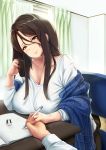  book breast_rest breasts brown_eyes brown_hair chair closed_mouth collarbone commentary_request curtains hair_between_eyes highres holding indoors kuchibue_(tanima_club) large_breasts long_hair long_sleeves looking_at_viewer open_book original shirt sitting smile white_shirt 