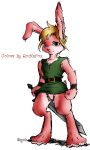  2007 a_link_to_the_past bigok bottomless clothed clothing featureless_crotch front_view fur green_eyes holding_object holding_weapon lagomorph link_(rabbit_form) looking_at_viewer male mammal melee_weapon nintendo pink_fur rabbit signature simple_background solo standing sword text the_legend_of_zelda tunic video_games weapon white_background young 
