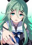  artist_name blue_neckwear blush commentary_request dated green_eyes green_hair hair_between_eyes hair_ornament hair_ribbon hairclip highres kamelie kantai_collection long_hair looking_at_viewer neckerchief open_mouth ribbon school_uniform serafuku solo yamakaze_(kantai_collection) 