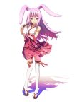  animal_ears arm_up armlet bell bracelet breasts bunny_ears fan folding_fan full_body hair_ornament hairclip highres japanese_clothes jewelry jingle_bell kemo_(pokka) long_hair miko original pendant purple_eyes purple_hair red_skirt sandals shadow shirt sideboob skirt sleeveless sleeveless_shirt smile solo thighhighs thighs white_legwear white_shirt wind wind_lift 